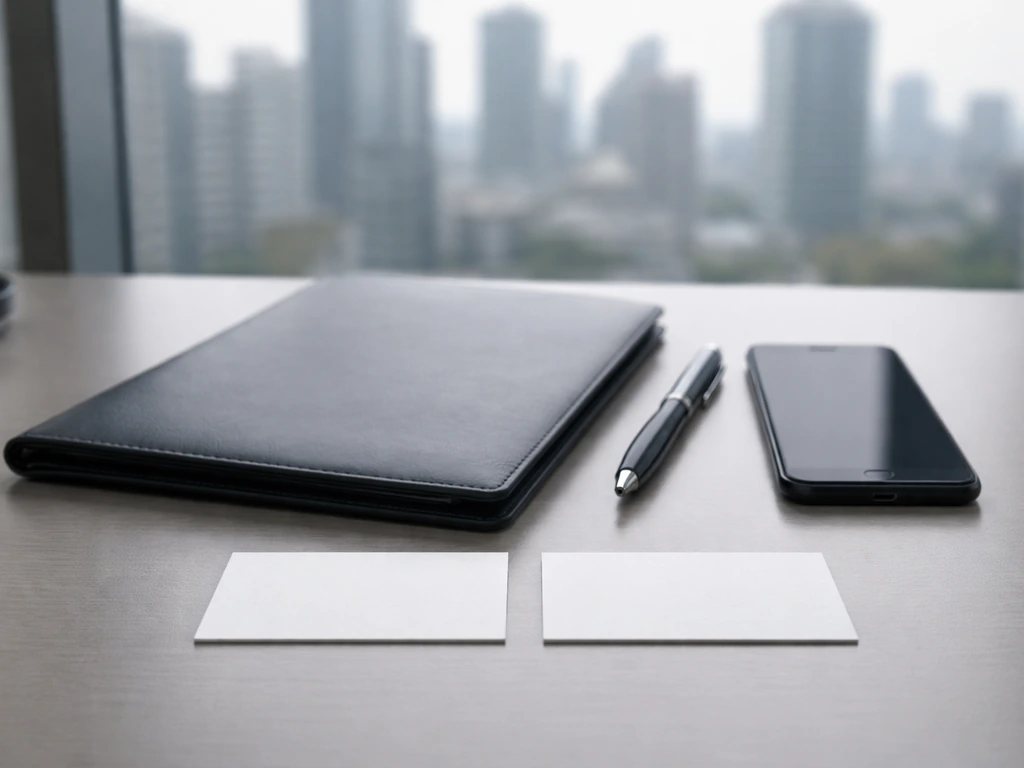 Minimal desk scene with documentation folder and blank cards suggesting name variants; city skyline out of focus.