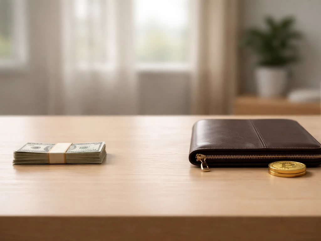 Minimal desk scene with two contrasting wealth symbols—currency for low end and portfolio/gold for high end.