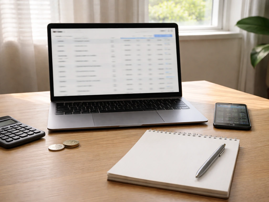 Minimal desk scene with laptop and phone suggesting checking financial filings and share price