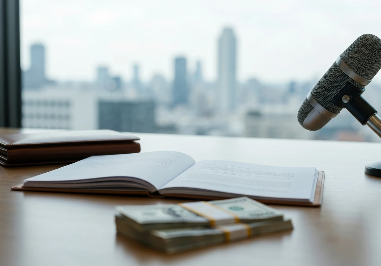 Minimal office scene with money and documents suggesting a net worth estimate analysis