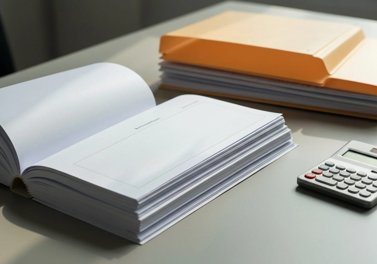 Close-up of a desk with bank annual report pages and a calculator beside scattered documents