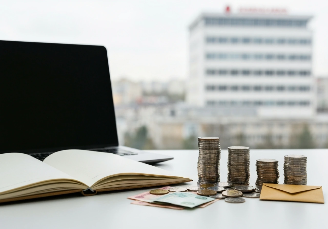 Minimal office desk scene with two coin piles and money, symbolizing wealth ranges without showing people.