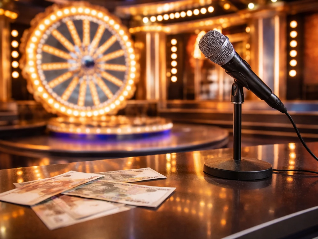 TV game show studio desk with microphone and out-of-focus ruble money, evoking media wealth.