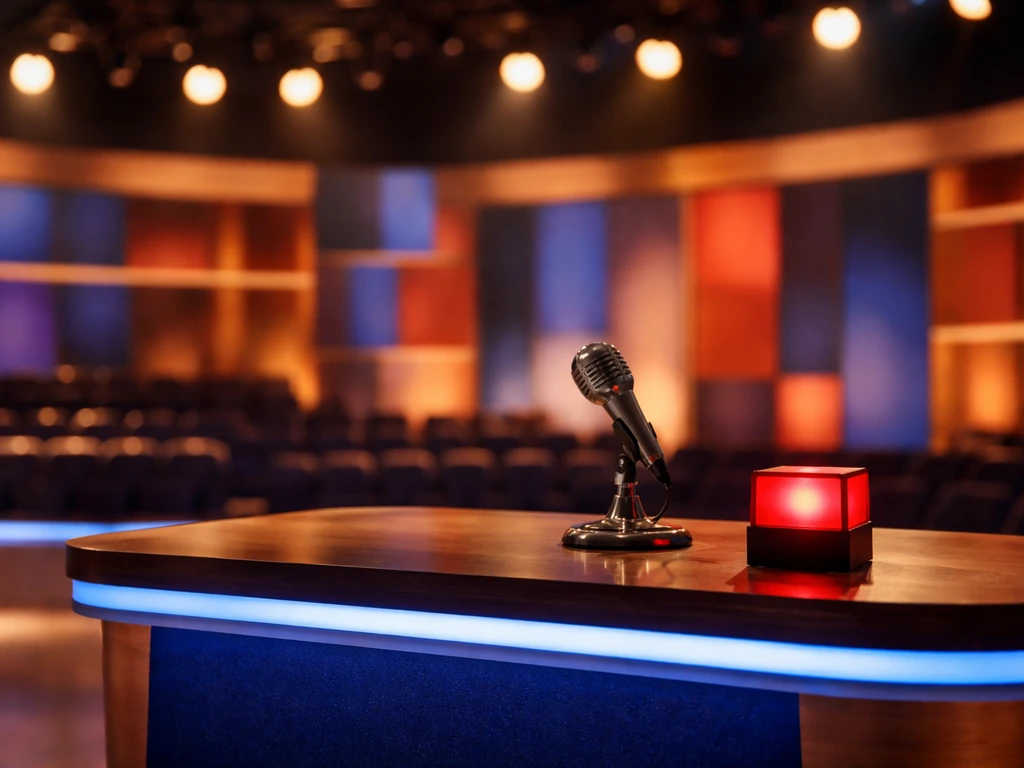 Empty TV game show set with a microphone and warm stage lighting, evoking a host segment.