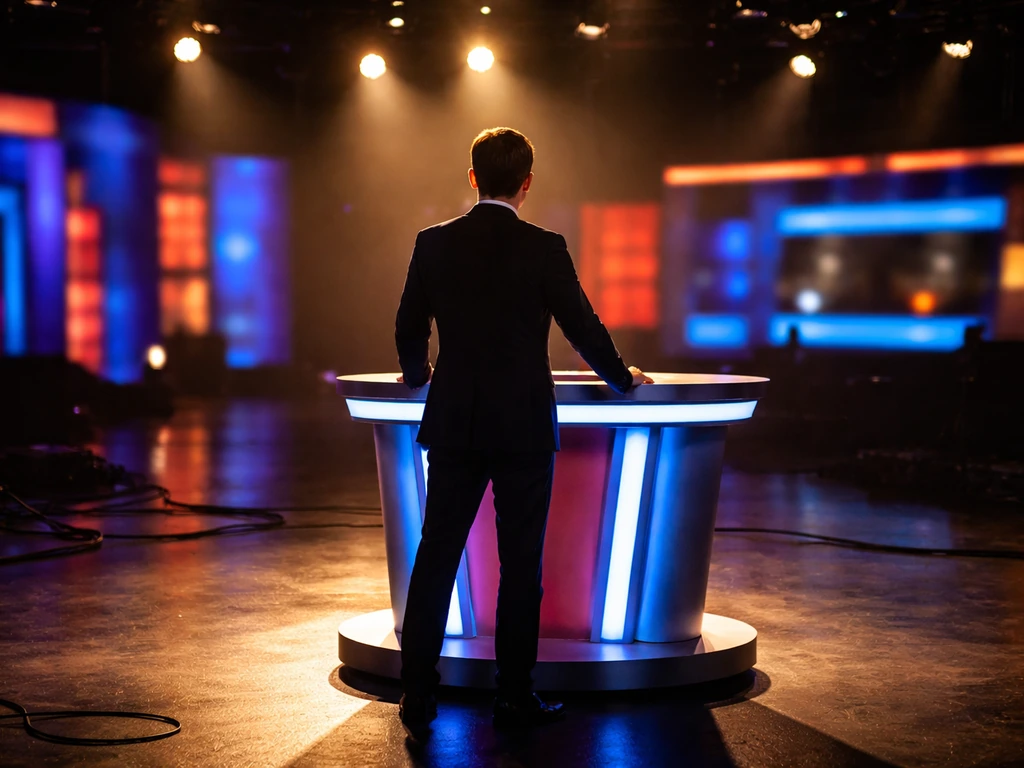 Russian TV game show host silhouette on a studio stage with bright lights and colorful set elements
