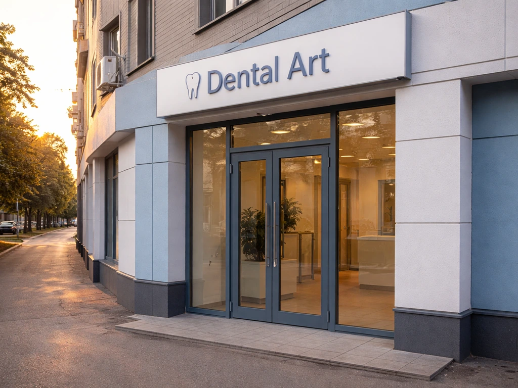 Moscow-area dental clinic exterior with a clean storefront facade and professional atmosphere