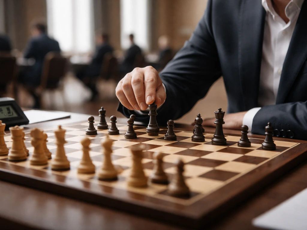 Anonymous player’s hands over a chessboard at a quiet tournament table with soft daylight.