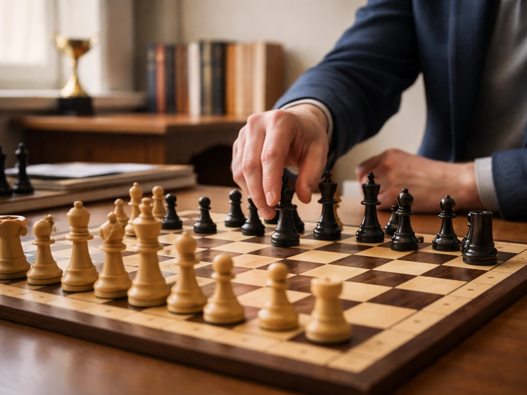 Close-up of a chessboard during coaching in a quiet federation club room, with books blurred behind.