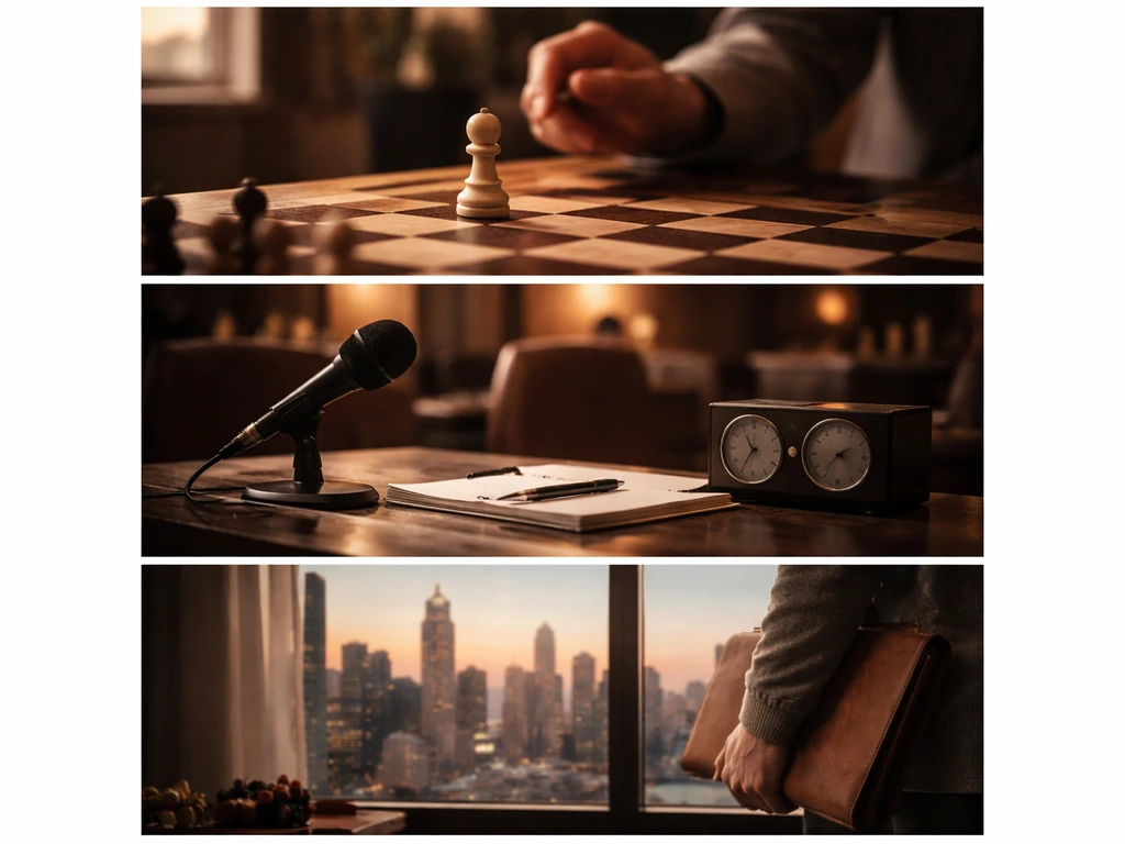 Collage of chessboard, quiet studio desk, and city skyline symbolizing career peaks and earnings