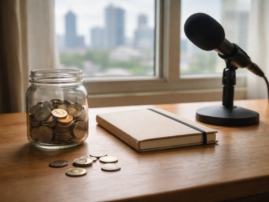 Coins in a glass jar on a desk beside a microphone, symbolizing estimated net worth range and uncertainty.