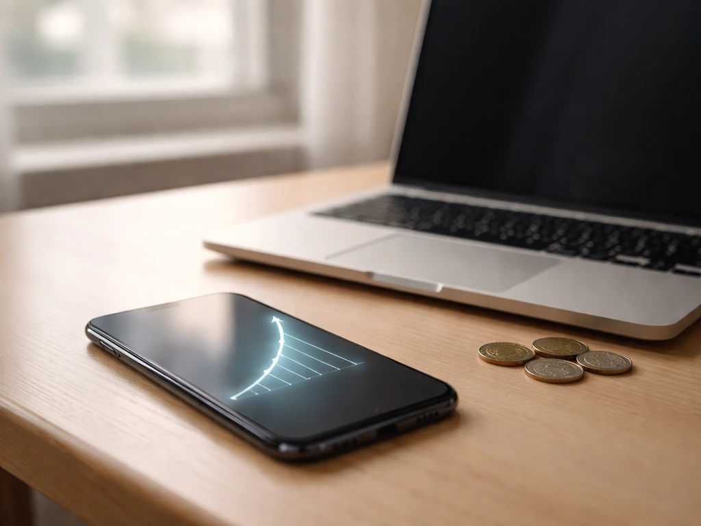 Anonymous smartphone showing a social media growth graph glow, next to a laptop and coins in a quiet desk scene
