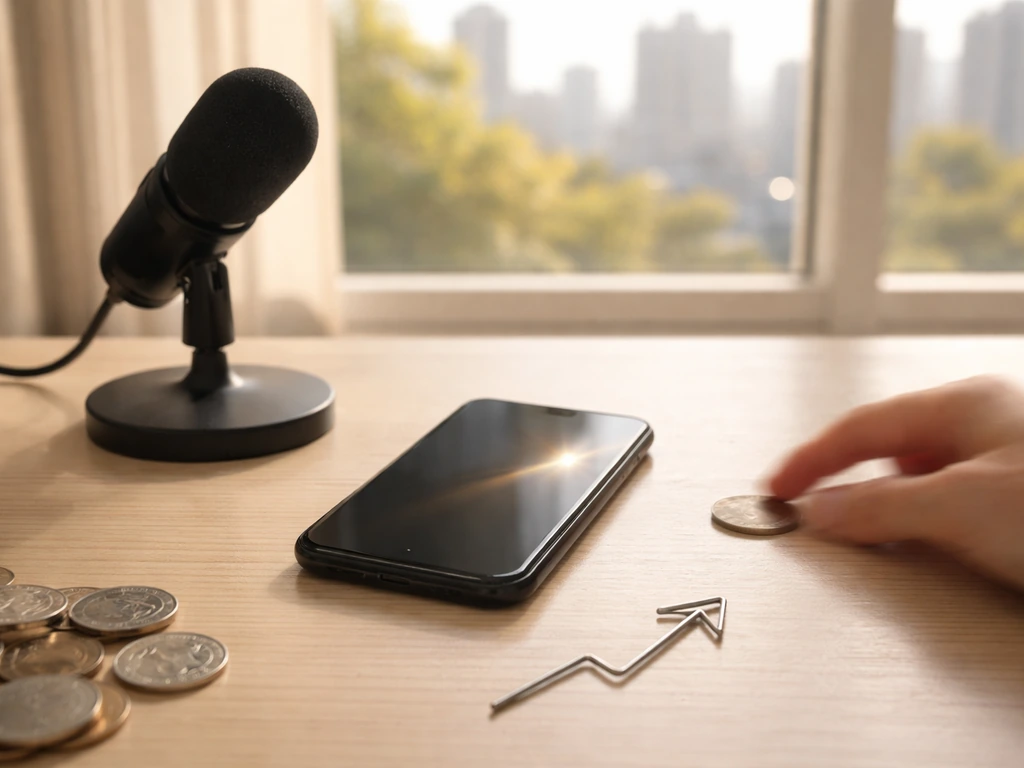 Anonymous creator desk with microphone, coins, and subtle upward motion to symbolize changing net worth