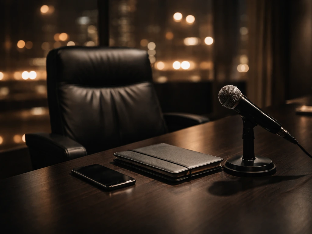 Minimal boardroom scene with microphone and smartphone, warm black-and-gold executive lighting, no people.