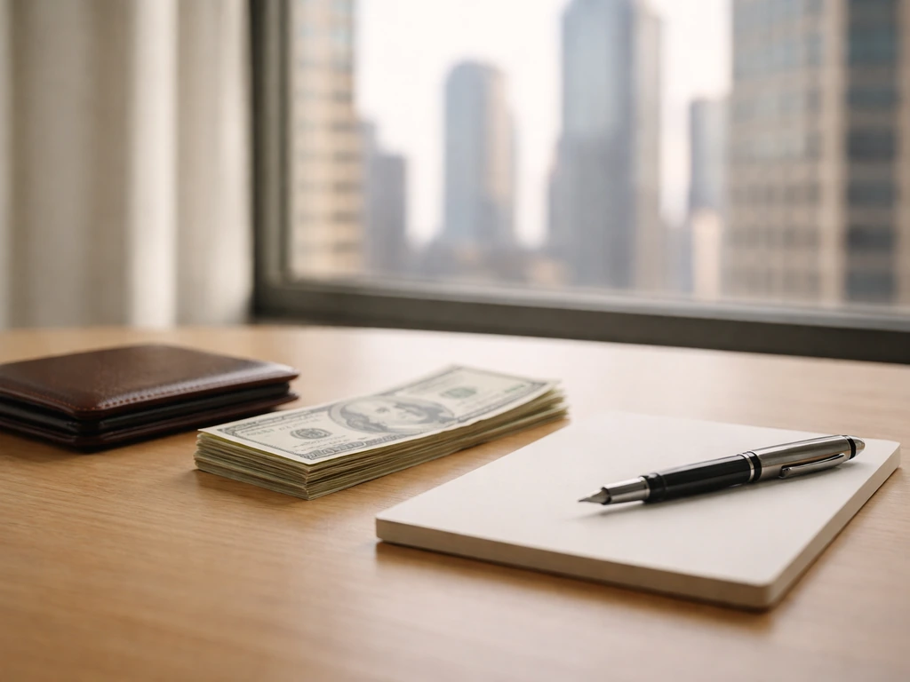 Minimal desk scene with wallet and cash, blurred city background, symbolizing a net worth range.