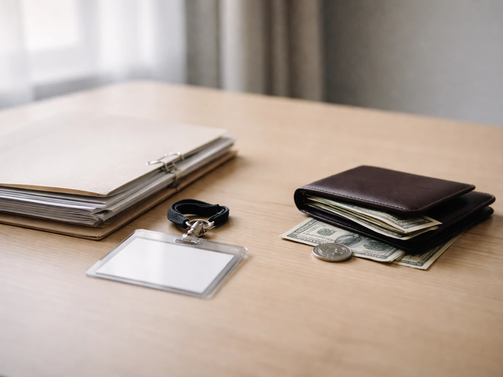 Minimal office scene with a split feel between official documents and money-related items, no people shown.