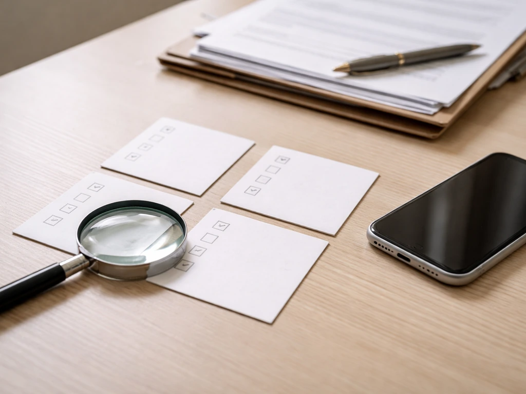 Minimal desk scene with checklist cards, smartphone, and documents for due diligence verification.