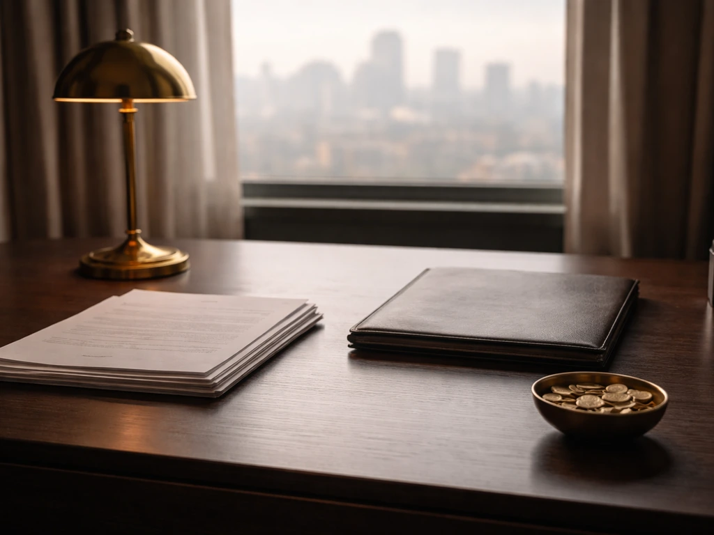 Empty luxury office workspace with paperwork, coins, and a blurred city skyline in the window