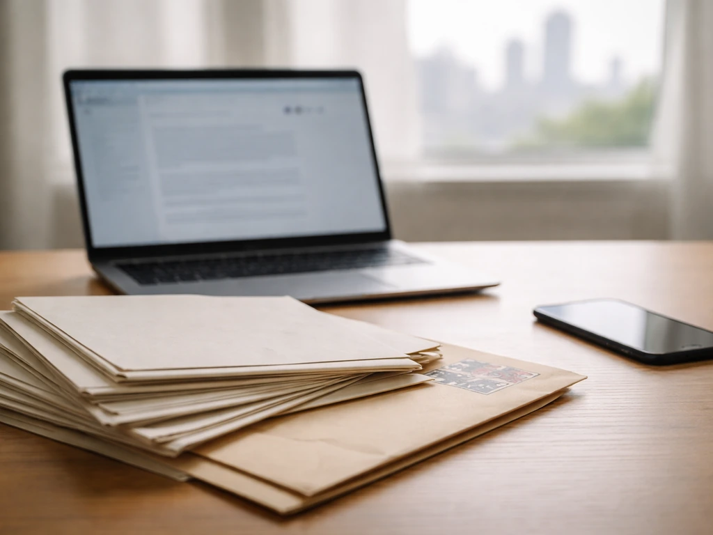 Minimal desk scene with unspecific document folders and a laptop beside them, symbolizing public-record sourcing.