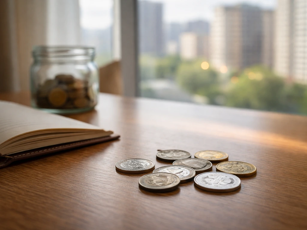 Minimal office scene showing blurred ruble coins and a distant city skyline, symbolizing currency and real-estate value
