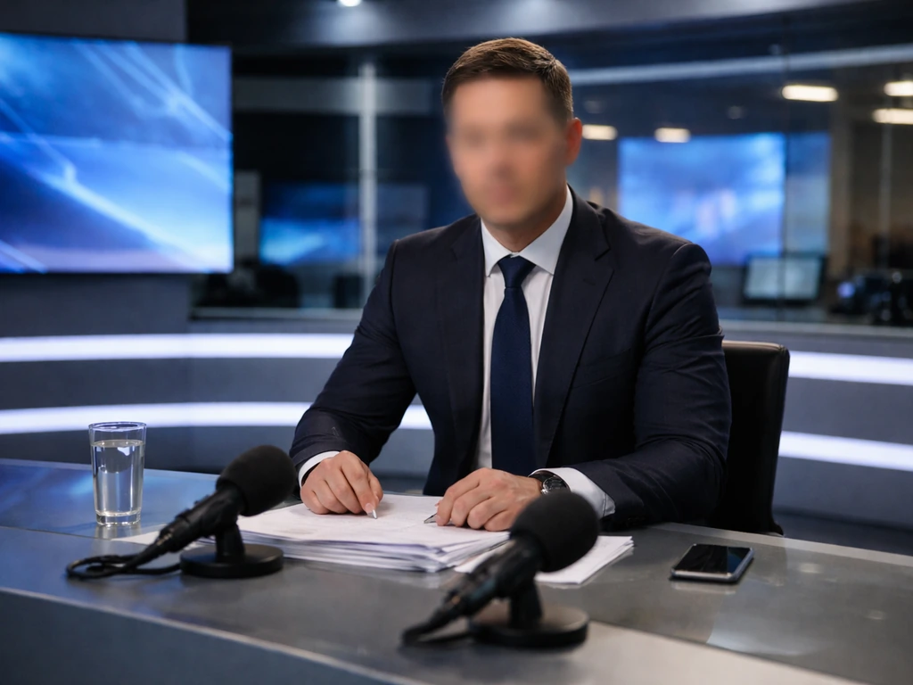 Anonymous TV host seated at a studio desk with glowing screens under cool broadcast lighting.