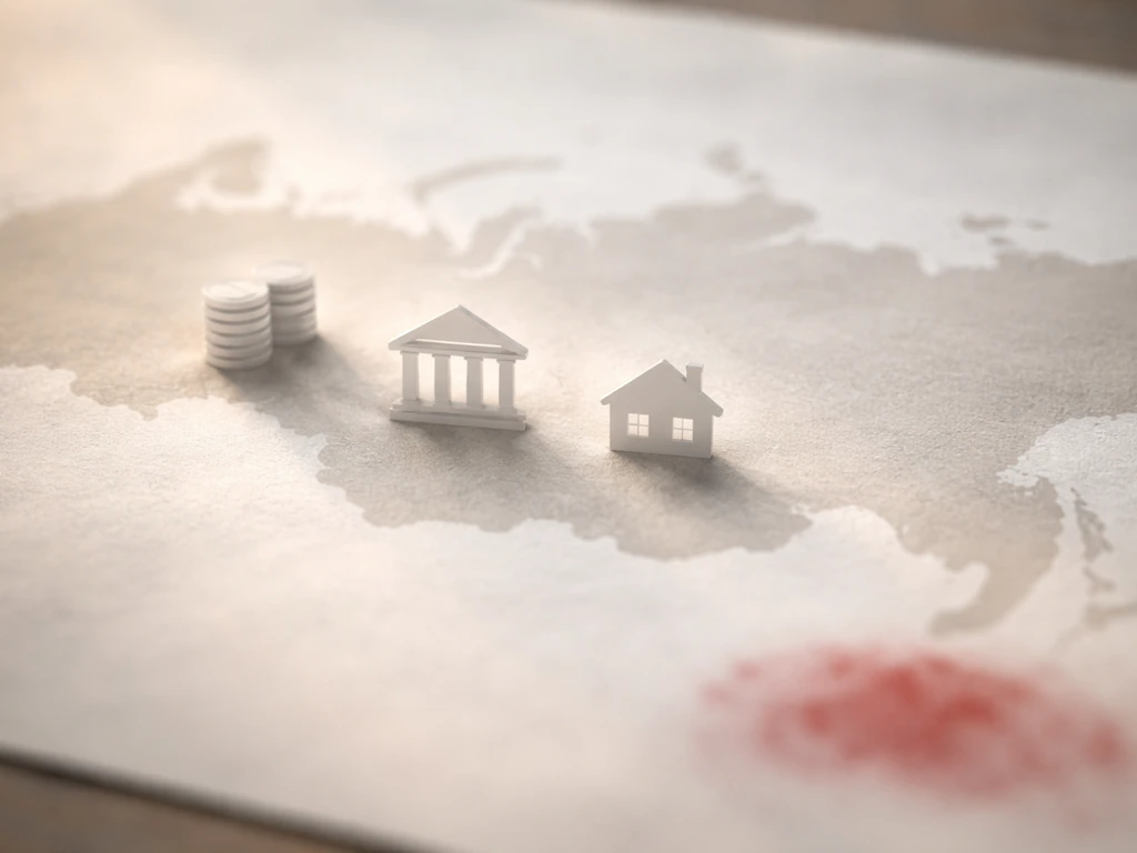 Minimal blurred icons over a stylized Russia map, suggesting hard-to-quantify assets and documentation uncertainty.