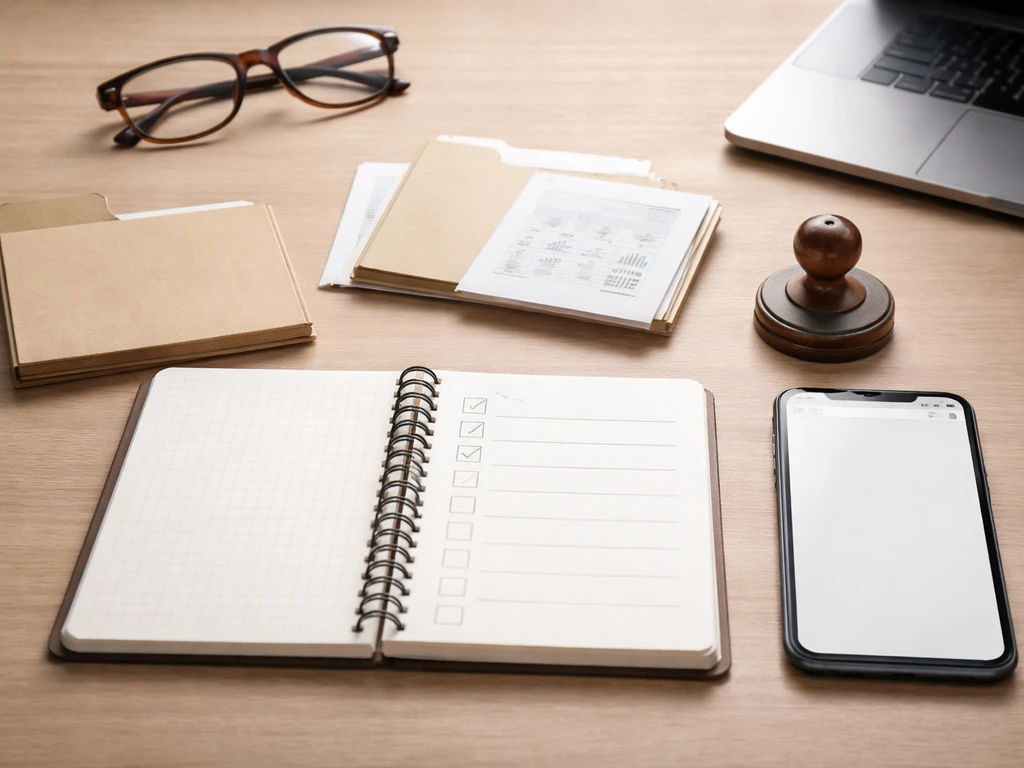 Minimal desk scene with blank checklist, phone, and report icons symbolizing verifying updated estimates.