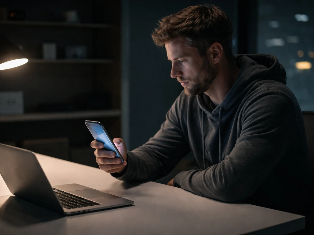 Man in a dim modern office with a smartphone showing an encrypted messaging vibe, Telegram-like atmosphere