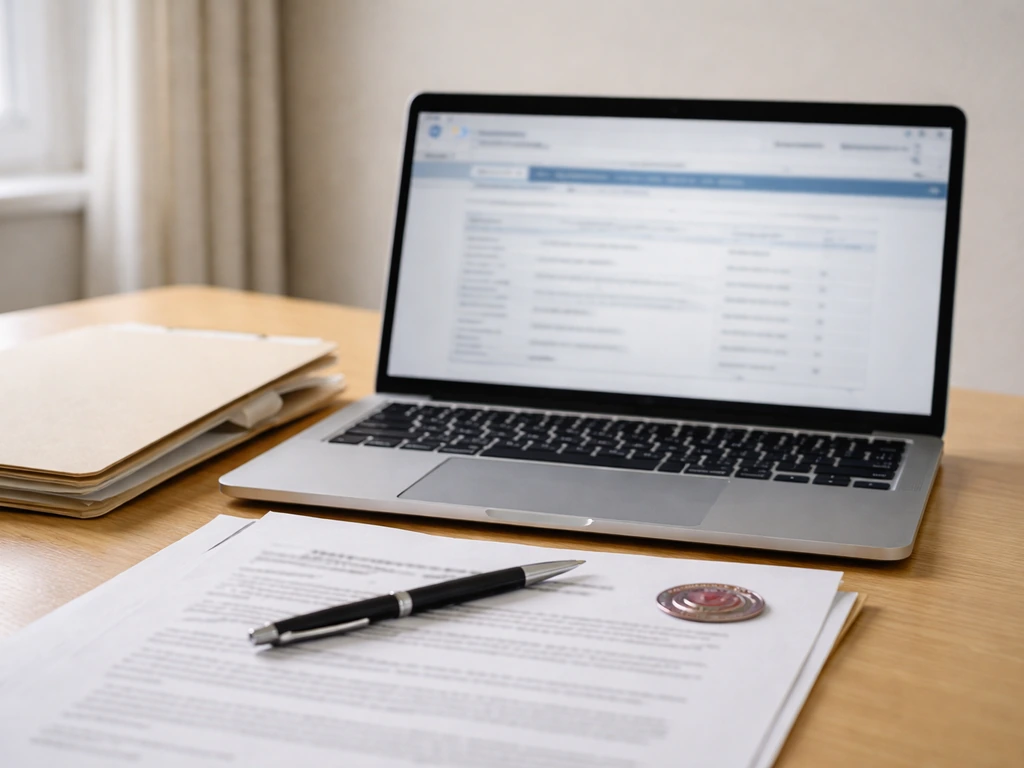 Minimal desk with laptop and blurred government document view suggesting UK Companies House PSC records.