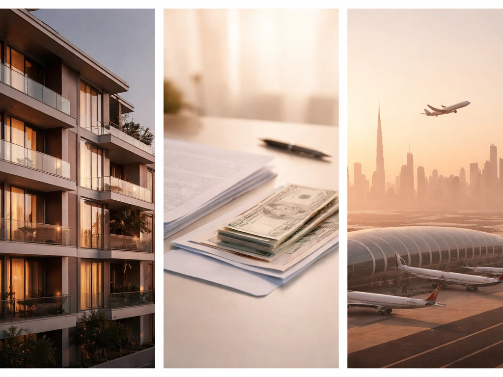 Minimal collage showing real estate facade, money/investment items, and a Dubai airport skyline motif