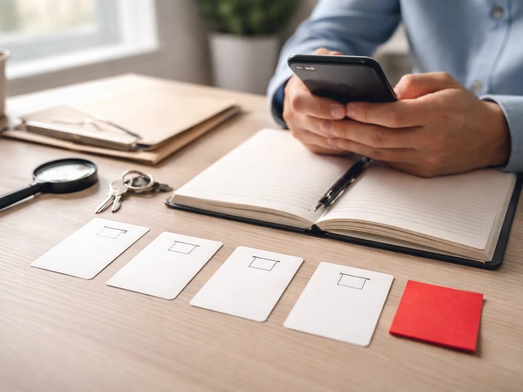 Hands on a desk reviewing a blank checklist with a magnifying glass and a red warning note.