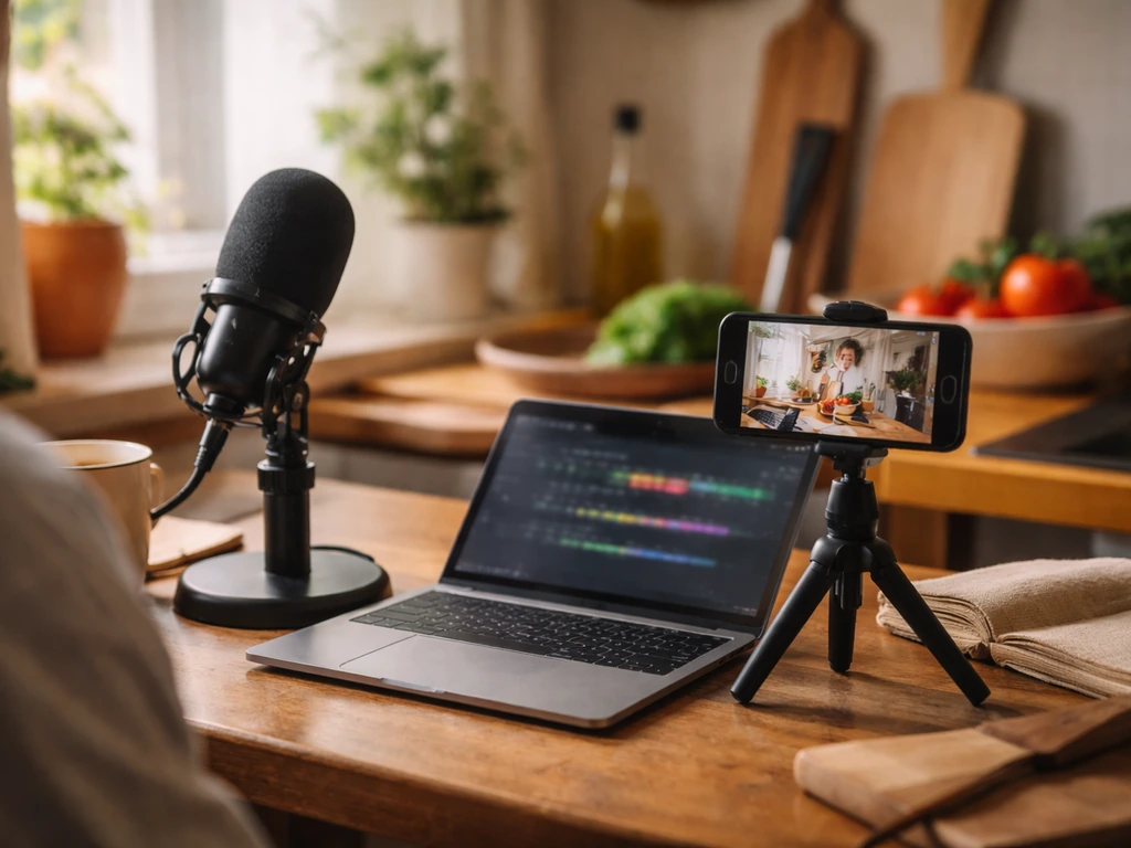 Anonymous home studio desk with microphone and smartphone, symbolizing media and earnings—no person shown.