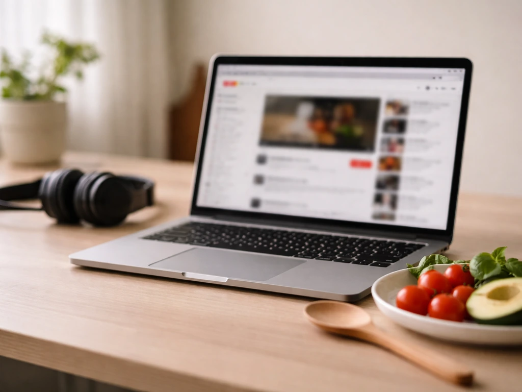 Minimal photo of a laptop in a quiet studio with a blurred cooking-themed video thumbnail vibe