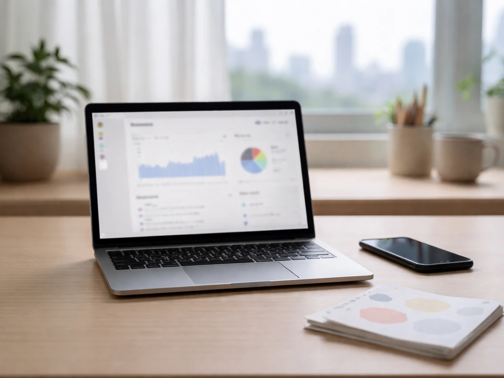 Laptop and phone on a desk with blurred media analytics, suggesting an anonymous income/net-worth estimation process.