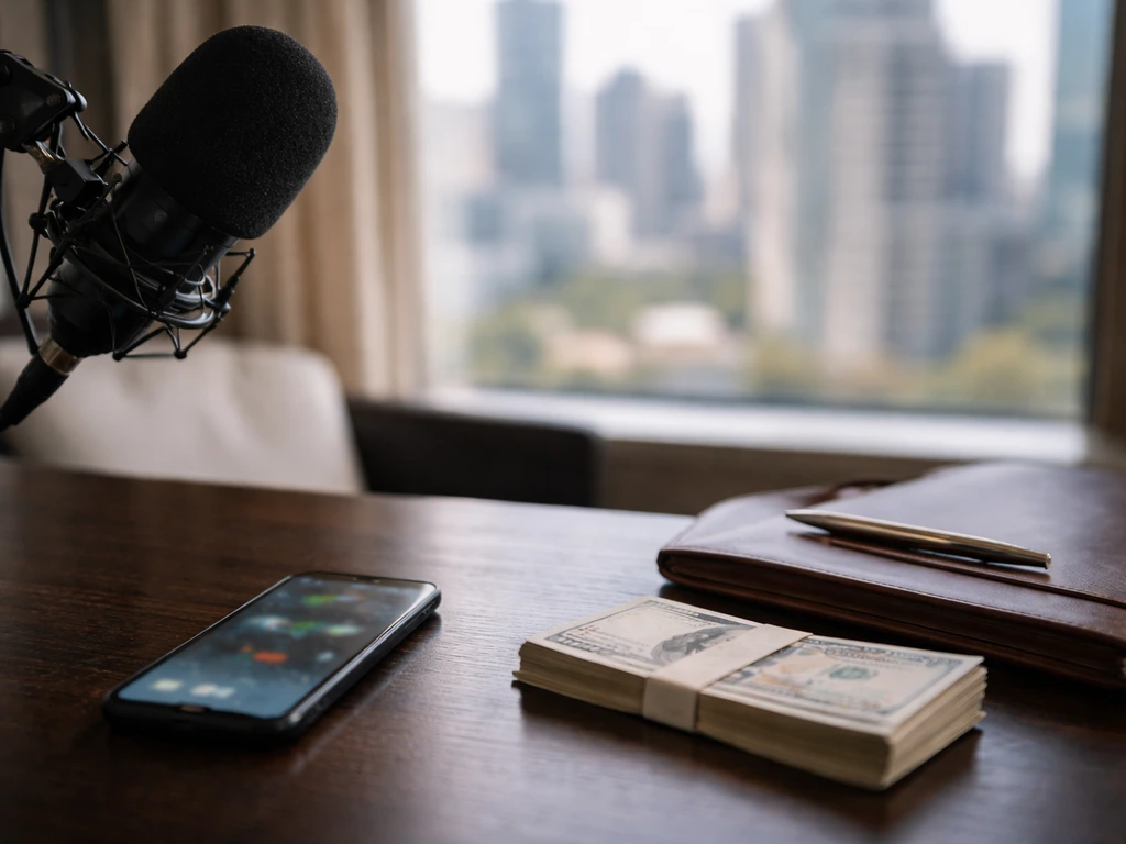 Upscale office desk with microphone and blurred finance phone, with subtle money cues in natural light.