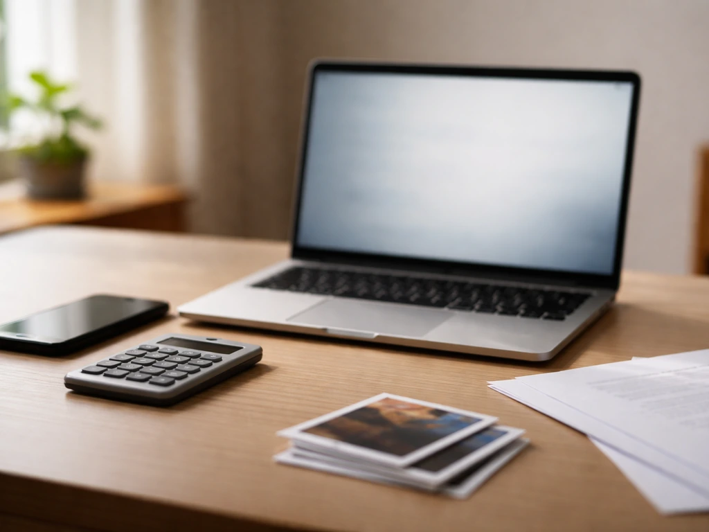 Minimal photo of a laptop on a desk with blurred finance documents and a calculator, symbolizing layered estimates