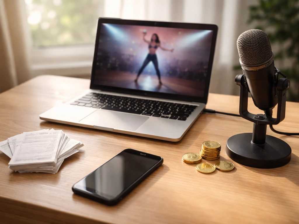 Minimal desk scene with laptop, microphone, receipts, and coins suggesting creator income streams.