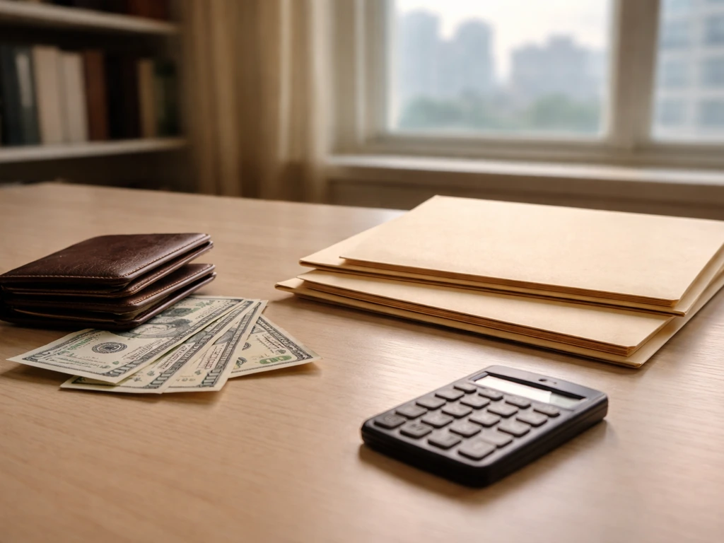 Minimal photo of a studio desk with scattered bills, a calculator, and several folders stacked to suggest deductions