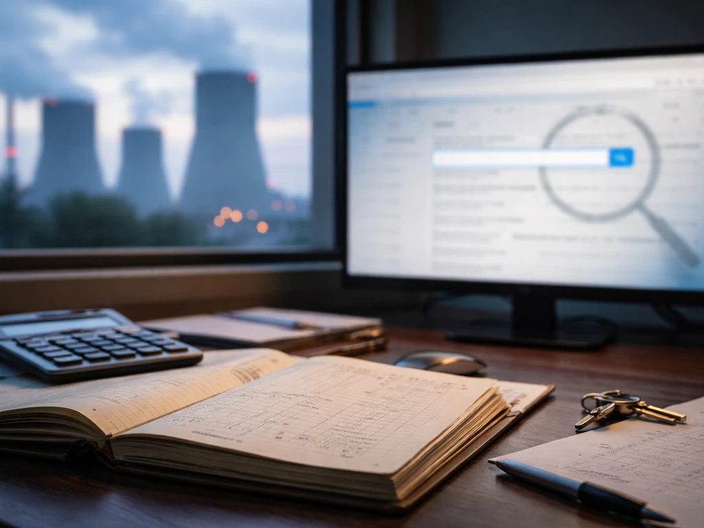 Close-up of open financial ledger pages beside a blurred computer screen and Russian energy industrial backdrop.