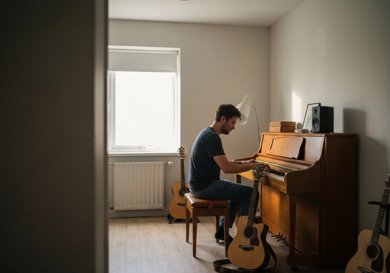 Singer-songwriter seated at a piano with an acoustic guitar in a quiet home studio