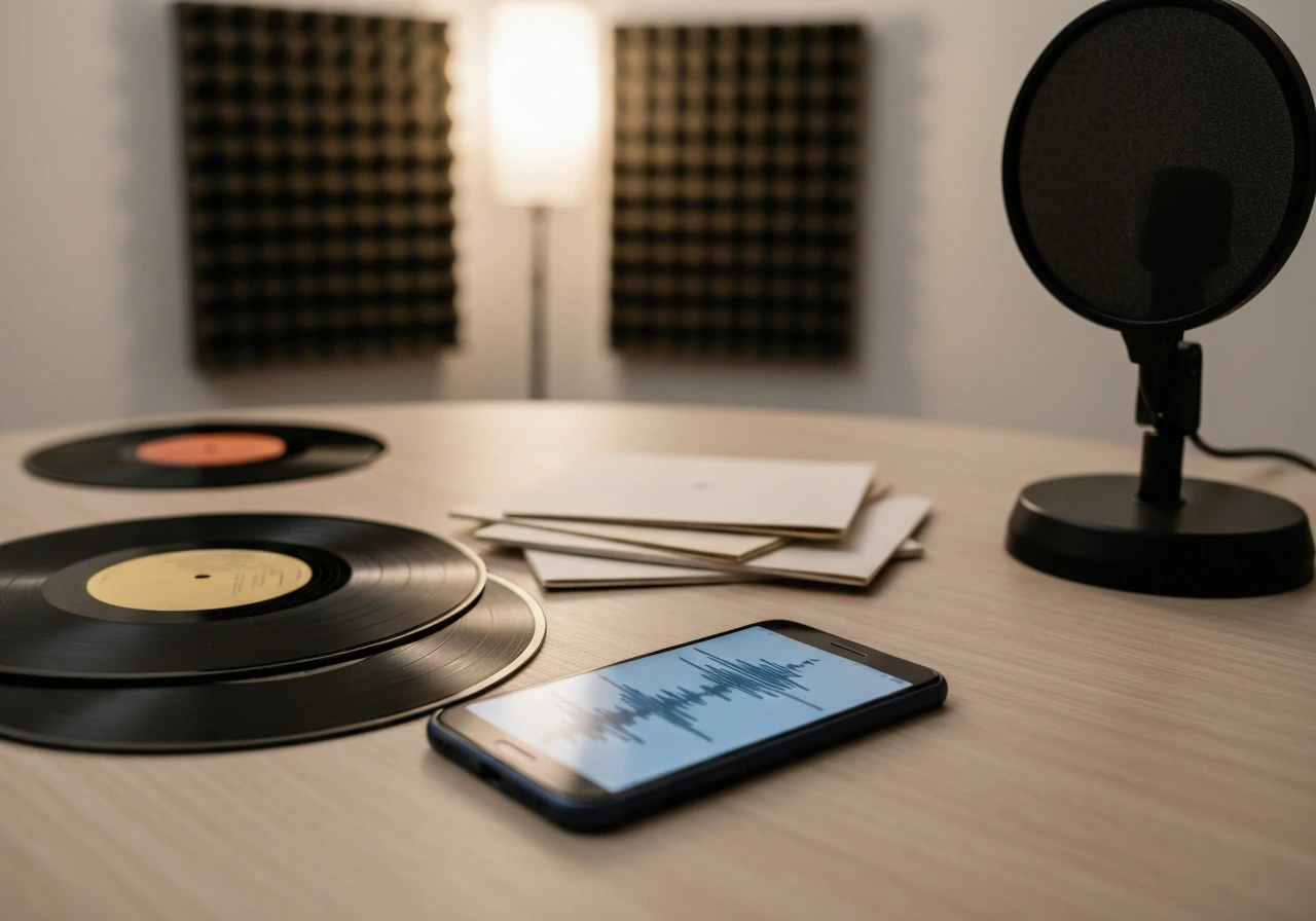 Close-up of a studio desk with vinyl records, a smartphone showing waveforms, and a microphone in soft light.