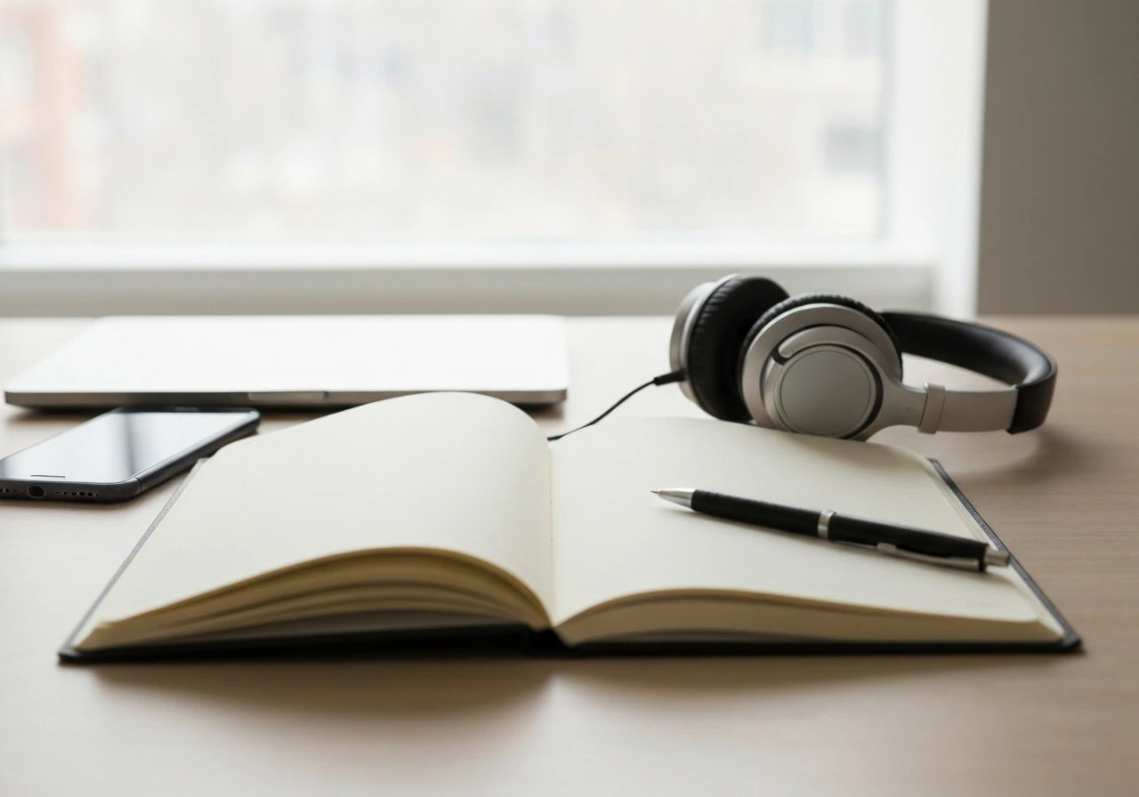 Minimal desk scene with a notebook, headphones, and scattered papers symbolizing evaluating a media royalty estimate