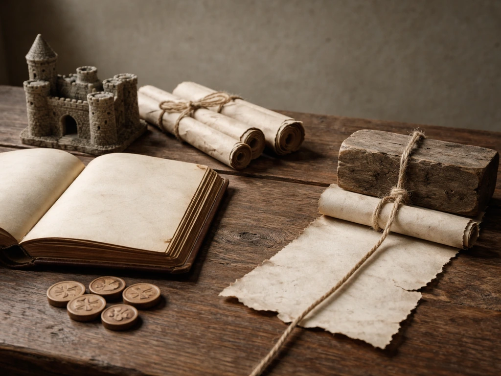 Medieval desk with castle model, blank ledger, parchment scrolls, tokens, and a wooden weight on twine.