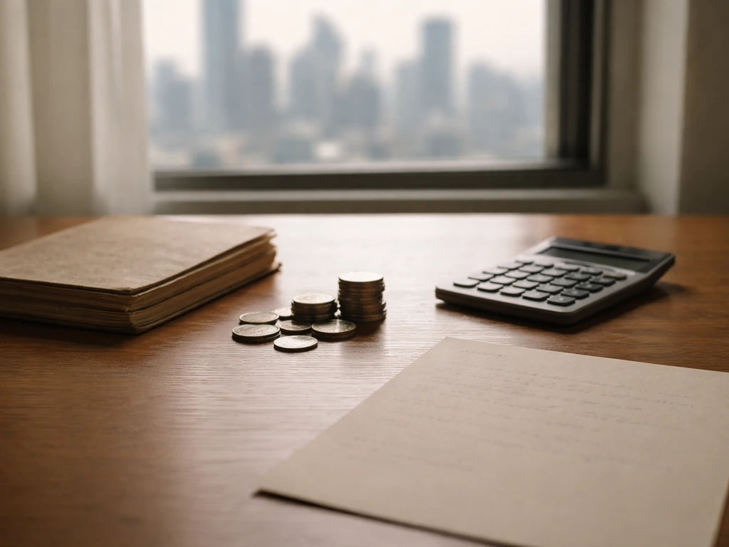 Minimal office desk with documents and a calculator beside a small stack of coins, symbolizing wealth estimation.