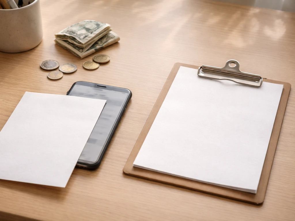 Minimal desk scene with crumpled money and a blank placard-like sheet, suggesting missing sourcing and bad estimates