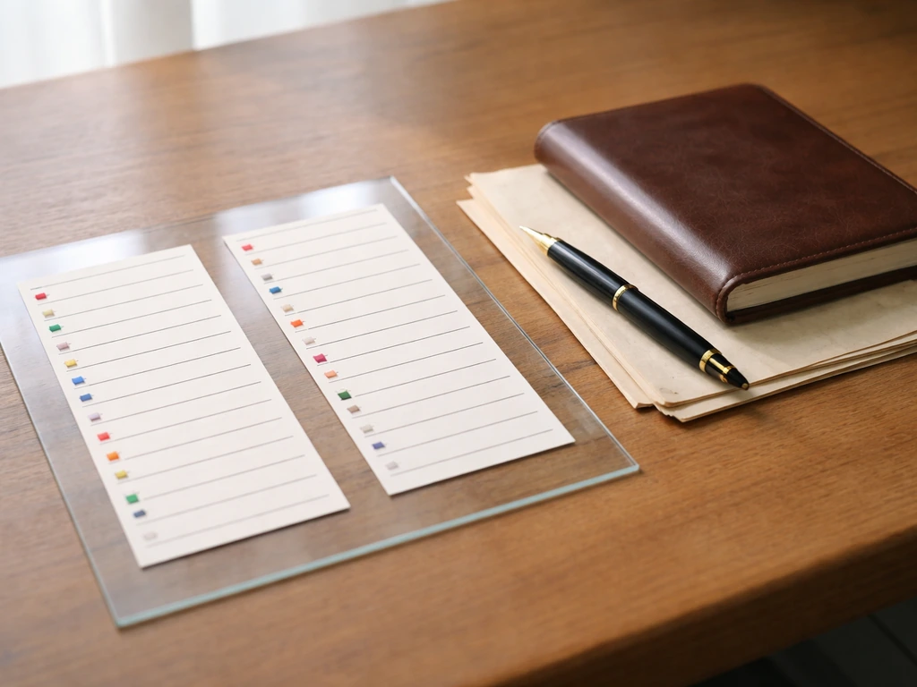 Minimal tabletop with two blank comparison columns on a glass sheet, pen and parchment papers.