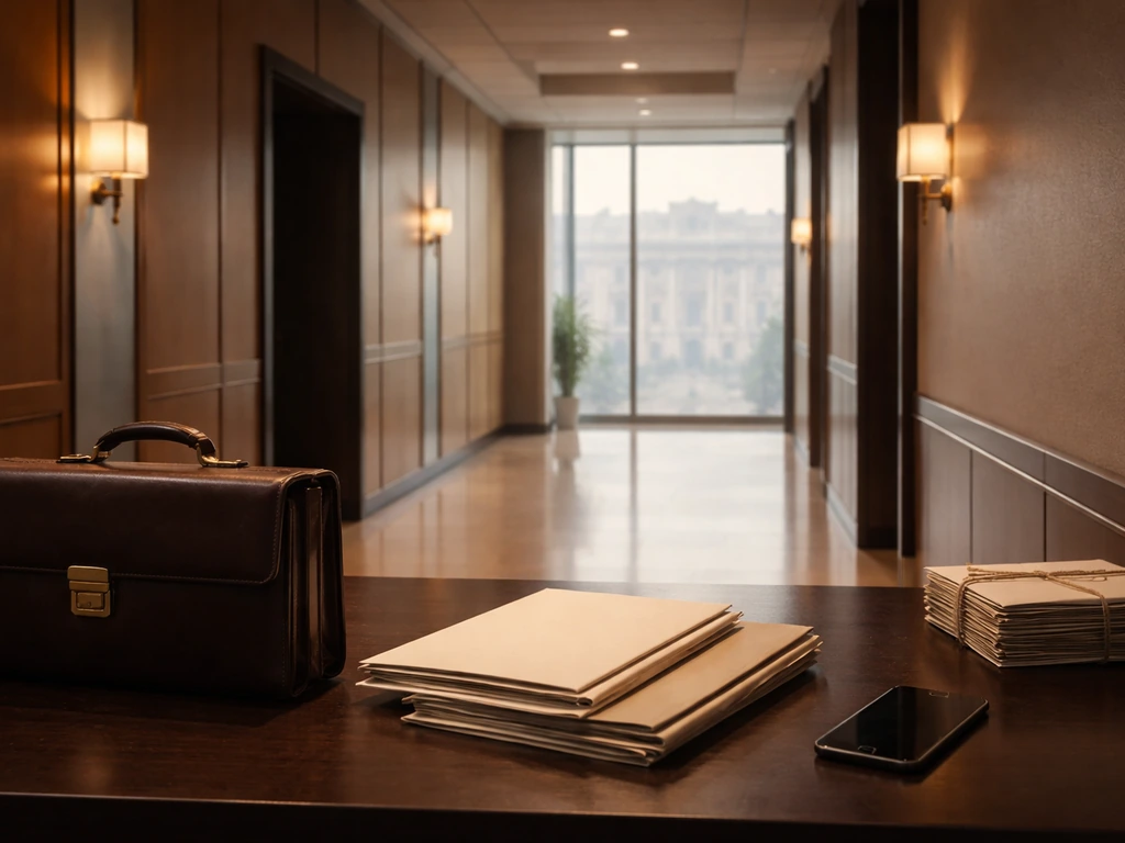 Empty office desk with a leather briefcase and blurred view of a government building outside.