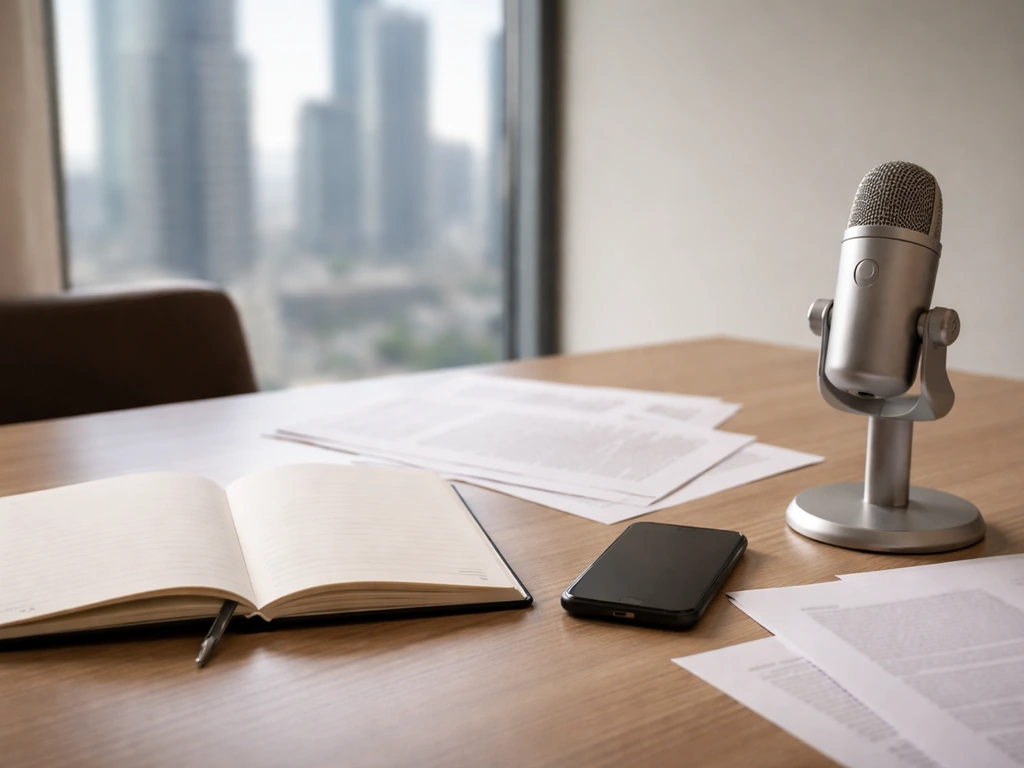 Anonymous finance analyst desk with documents and microphone in a quiet office, symbolizing wealth estimate ranges.