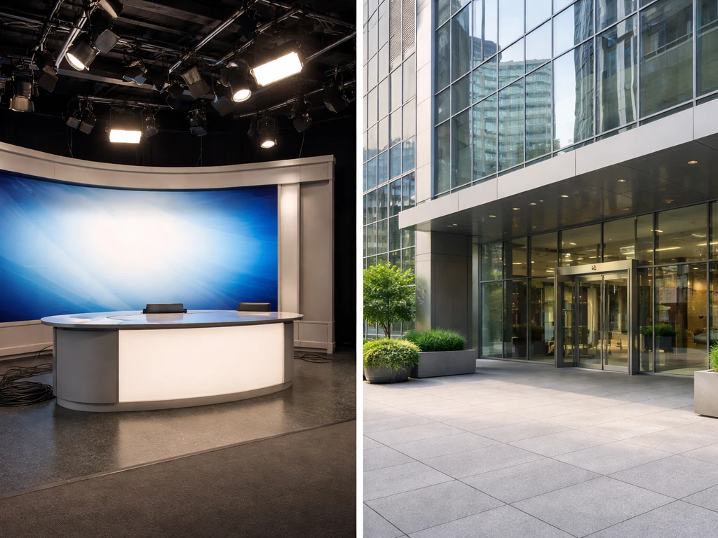 Minimal collage of quiet TV studio sets and a modern office building exterior symbolizing media and property ties.