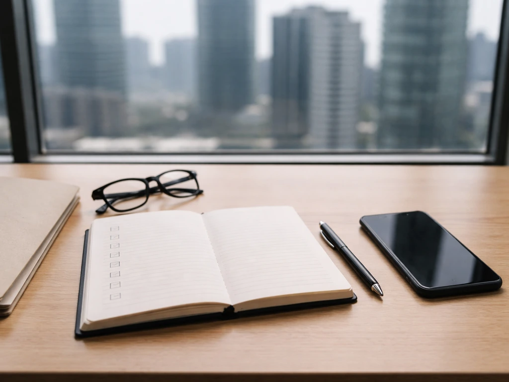 Due diligence desk with blank notebook, pen, glasses, and smartphone near a window.