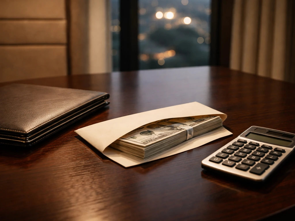 Minimal luxury office desk with a cash envelope and a calculator, suggesting a $10M–$20M net worth range